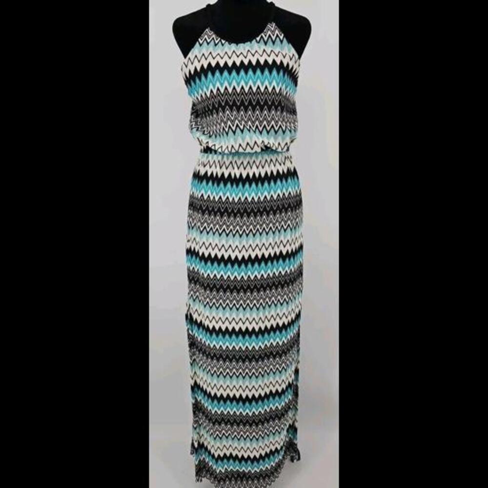 Bisou Bisou Michele Bohbot Halter Maxi Dress Chevron Print Size 10 Boho